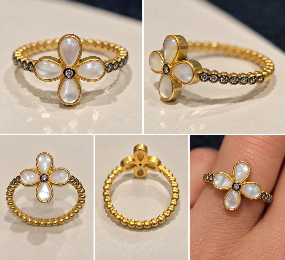 NEW Freida Rothman Mother of Pearl & Rhodium Flower Ring Matte Gold Tone Size 7